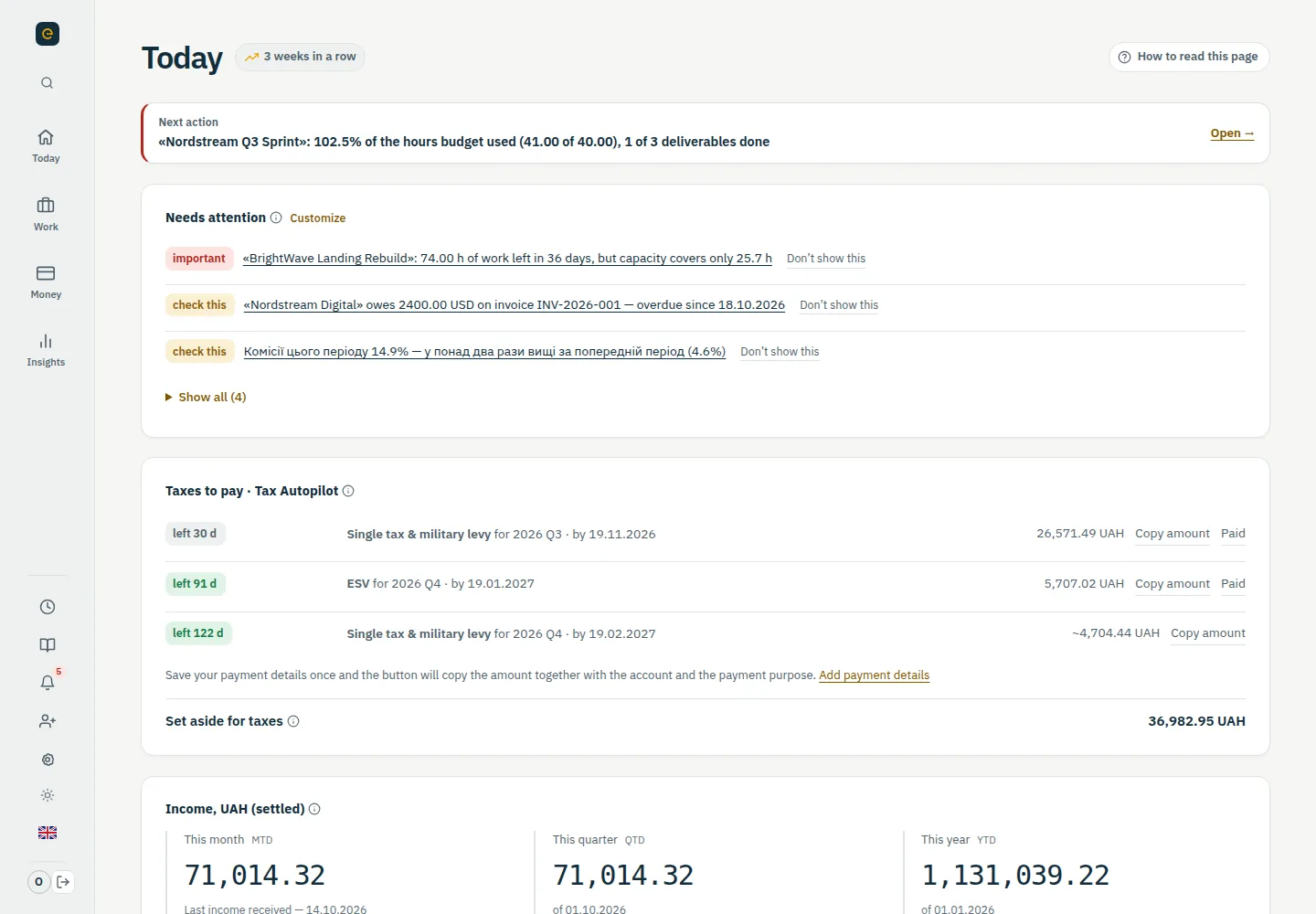 The real Gignal dashboard with sample income and project data.